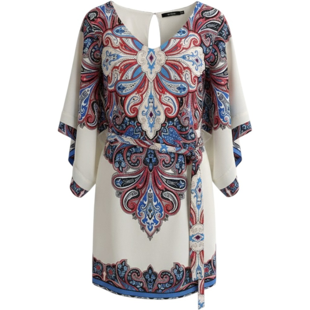 Ark & Co Womens Paisley Kimono Sleeve Mini Dress Cream Red Blue Medallion M